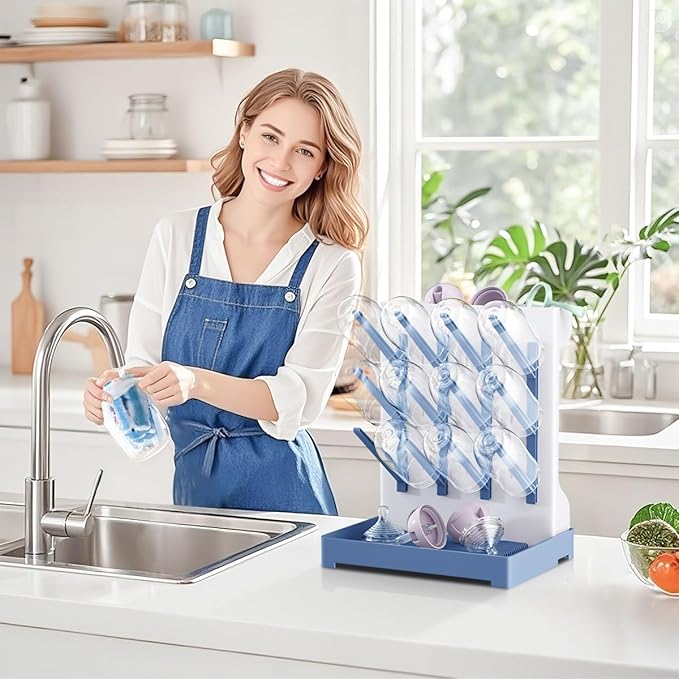 Baby Bottle Drying Rack: Vertical Space Saving Large Bottles Holder - Standing Boon Dryer Rack Baby Accessory - Countertop Holds Up to 12 Bottles & Pump Part Cleaning & Cup (Blue) (Blue)