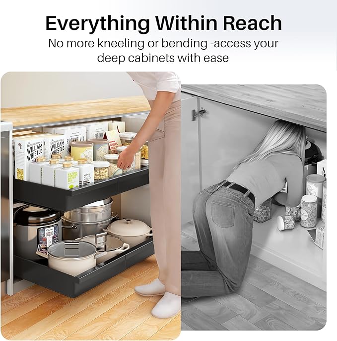 Pull out Cabinet Organizer, 1-Pack Expandable(13.6"-24") Silde out Drawers with Raising Pad for Framed Cabinets, Adjustable Full-Extension Adhesive Roll out Shelves for Kitchen Pantry Home Pot and Pan