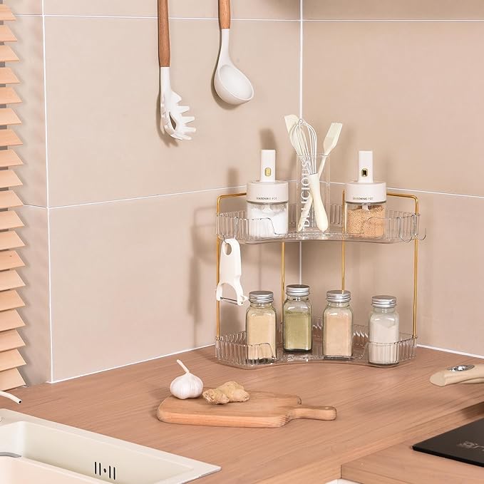2 Tier Plastic Bathroom Sink Organizer with Hooks, Corner Bathroom Counter Organizer Makeup Storage Vanity Tray for Countertop (White Gold)