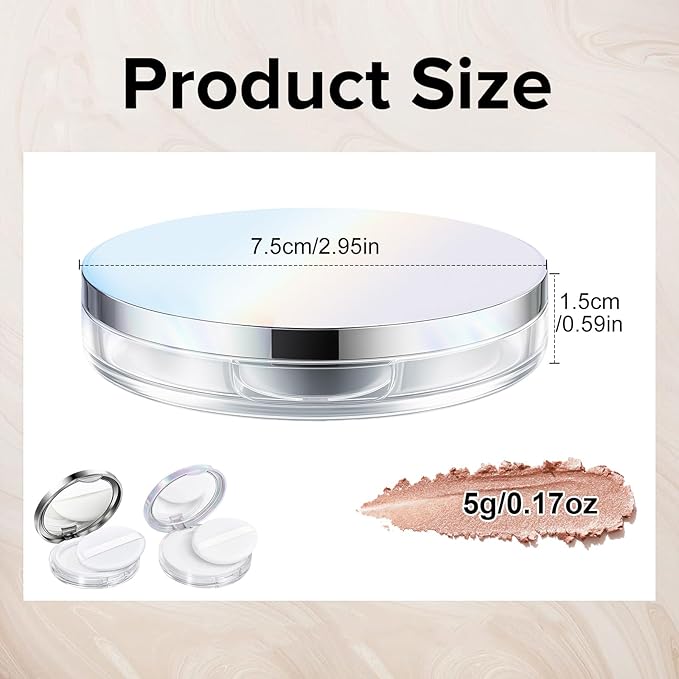 Tokusatsu 2-Pack Refillable Loose Powder Container with Puff & Mirror - 0.17 oz Travel Portable Empty Makeup Compact with Mesh for Women Girls, Silver Iridescent Silver