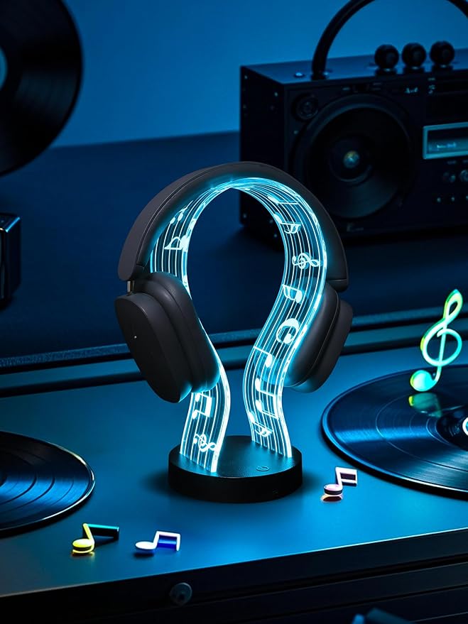 Light Up Headphone Stand with 16 Color Lights, Music Notes Pattern Acrylic Headset Stand with 1 USB and 1 Type-C Charging Ports, Gifts for Gamers Men and Music Lovers