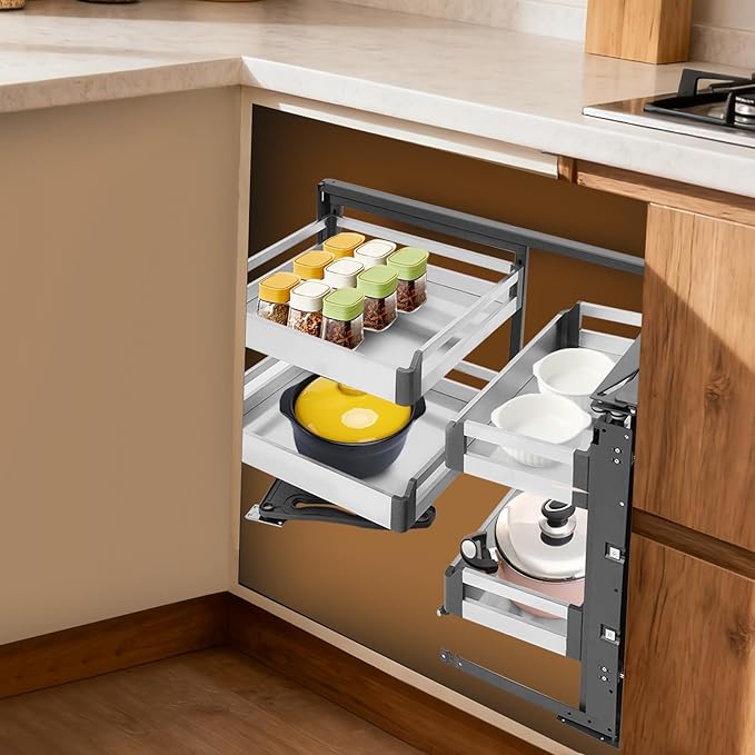 TFCFL Pull-Out Corner Organizer, Blind Corner Cabinet Organizer with 4 Pull-Out Baskets, Swivel Corner Cabinet, Stainless Steel Slide-Out Shelves for Corner Cabinet Space Optimization ﻿
