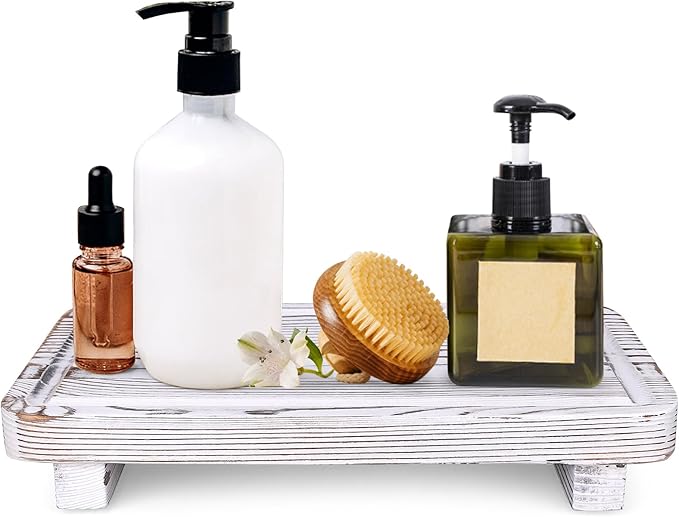Rustic White Bathroom Counter Tray Kitchen Countertop Trays Decorative Wood Risers Display Pedestal Stand Wooden Riser Soap Dish Dispenser Holder for Bathroom Sink Accessories Kitchen Decor Tray