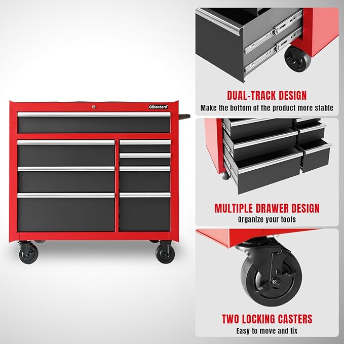 41-Inch Heavy-Duty Rolling Tool Chest Set - GSTANDARD 11-Drawer Steel Storage Cabinet for Garage, Warehouse & Workshop (Black/Red)