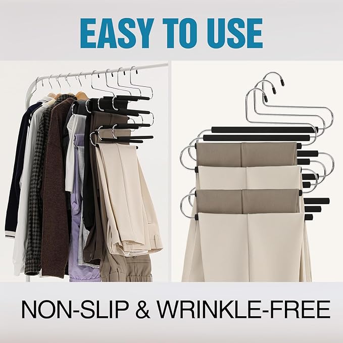 Multiple Space Saving Non Slip Foam Padded Pants Hangers 4 Tier Steel Open Ended No Creases Tiered Black 3 Pack