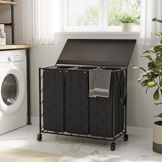 WOWLIVE Laundry Basket with Wheels, 142L Hamper 3 Section with Lid, Dirty Clothes Hamper with Removable Bags, Large Capacity Iron-Made Organizer Laundry Sorter for Dorm, Black