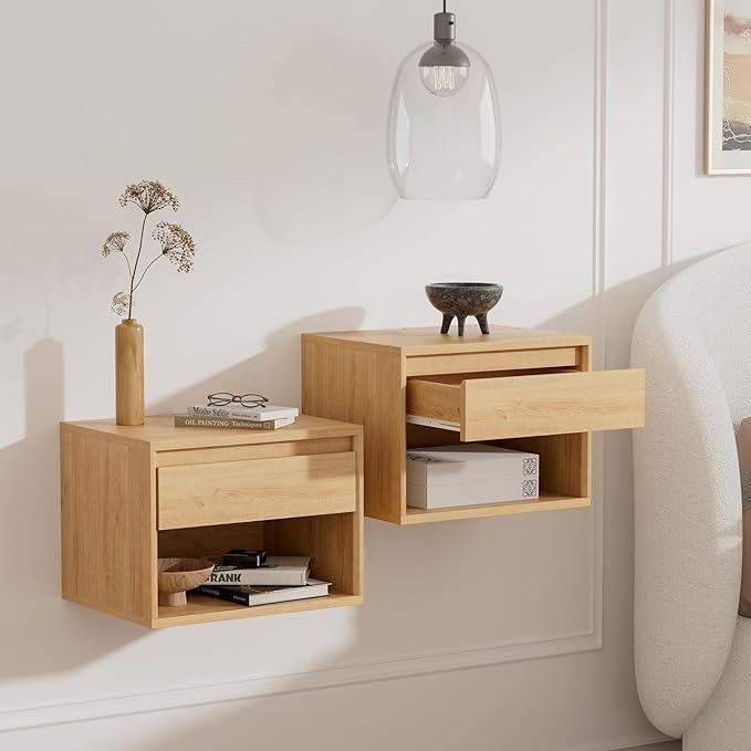 Floating Nightstand Set of 2, Wall Mounted Bedside Table with Storage Drawer and Open Shelf, Modern Night Stand with Handless Design for Living Room, Bedroom, Dorm, Natural Oak