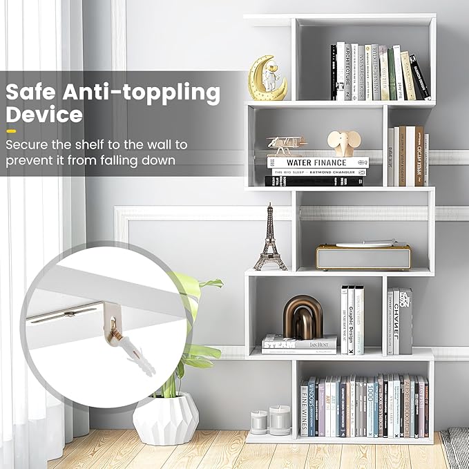 5-Tier Geometric Bookcase Set of 2, 62.5” Freestanding Room Divider Bookshelf with Open Display Shelves & Anti-tip Device, Wood S-Shaped Storage Organizer for Living Room, Bedroom & Home Office