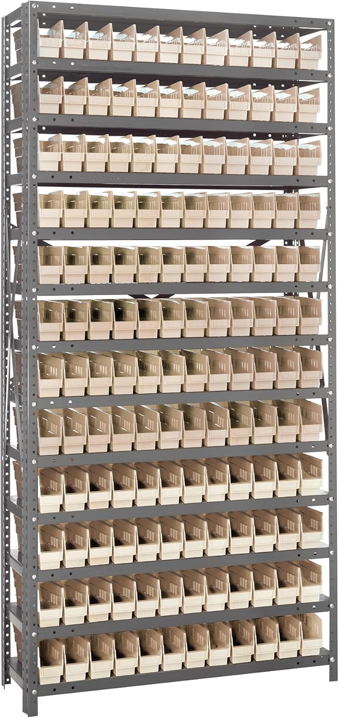 Quantum Storage Systems 1275-100IV Steel Shelving Unit with 4" Shelf Bins, 12" D x 36" W x 75" H, Ivory