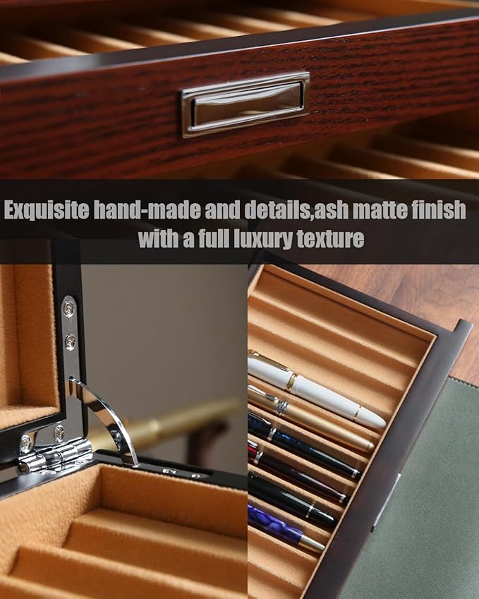 Wood Fountain Pen Case, 24 Slot Storage Organizer with Drawer, Glass Top Display Box for Collection