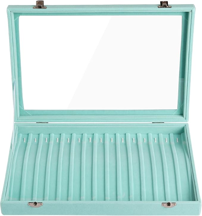 Frebeauty 15 Hooks Necklace Tray Velvet Neckalce Organizer with Clear Lid Lockable Necklace Holder Box Jewelry Organizer for Pendants Chains Necklace Jeweley Tray for Women Girls(Turquoise)