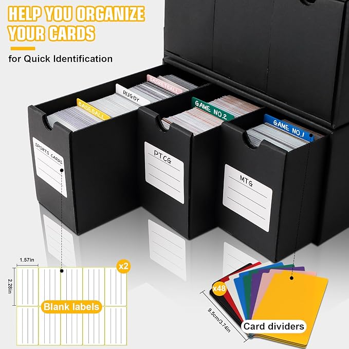 Trading Card Storage Box, Includes 12-600 CT Boxes & 48 Card Dividers, 12000+ Trading Card Organizer for Collectible Card Games, for TCG, MTG, PTCG, Baseball Cards, with Labels & Tapes