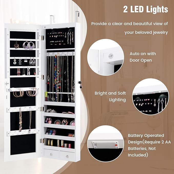 HAPPYGRILL Over the Door Jewelry Organizer, Hanging Jewelry Storage Cabinet w/Full-Length, Inner Makeup Mirror, Earring Shelves, Ring Slots, 25 Necklace Hooks, Wall Mounted Jewelry Armoire for Women