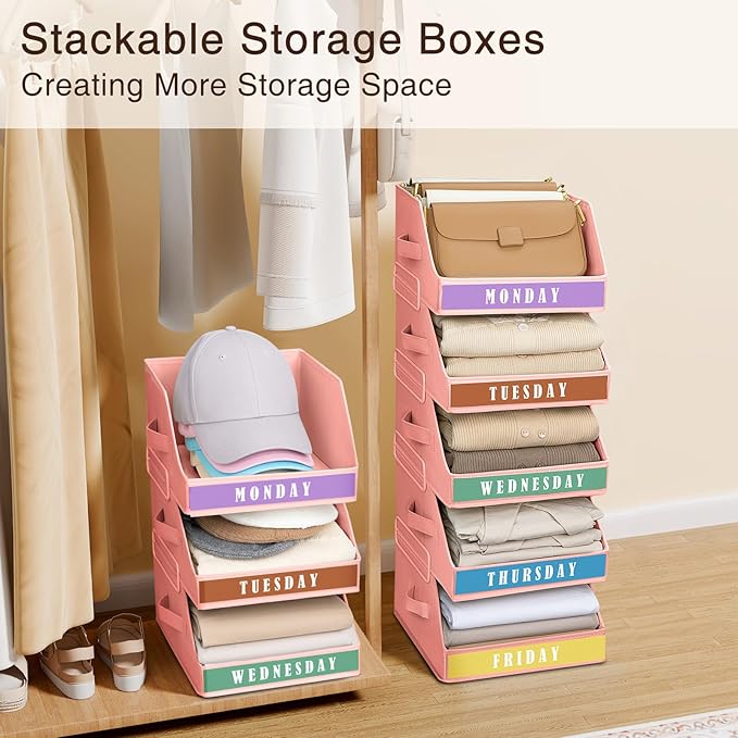 Closet Organizers and Storage - 5 Tier Shelf Organizer with Weekly Labels, Stackable Storage Bins with Metal Frame, Foldable Cube Bins, Home Baskets for Kids and Adults, Pink
