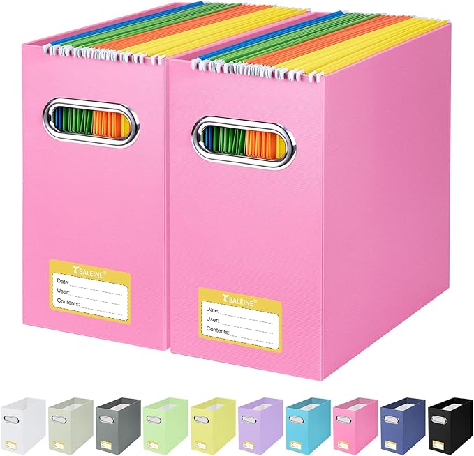 BALEINE File Organizer Box, Cardboard File Folder Organizer with Handle for Letter Size, Portable Collapsible Hanging Filing Box for Home Office Document Storage (2 Pack, Pink)