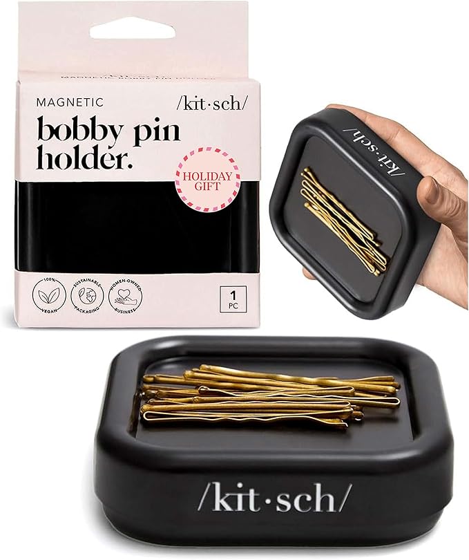 Kitsch Magnetic Bobby Pin Holder - Cute Stuff, Strong Magnetic Pin Holder for Desk & Vanity, Securely Holds Metal Hair Clips, Bobby Pins & Paper Clip | Ideal Gifts for Women - Black, 1 Pc