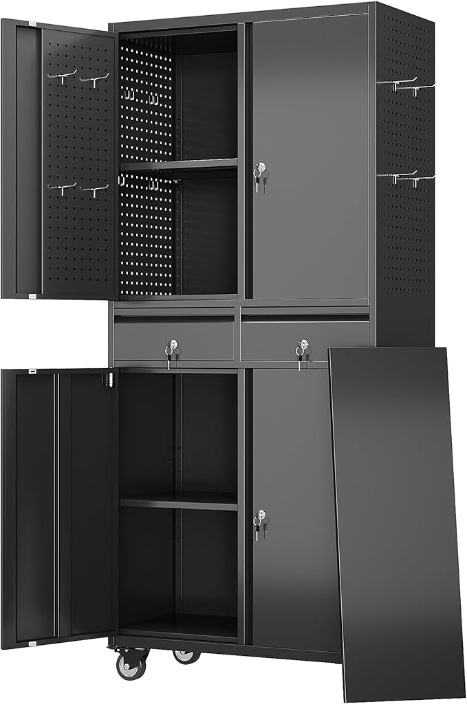 Aobabo Metal Garage Storage Cabinet with Wheels and 2 Locking Drawers, 71" H Steel Rolling Tool Cabinet with 8 Hooks and 2 Adjustable Shelves for, Home, Office, Assembly Required, Black