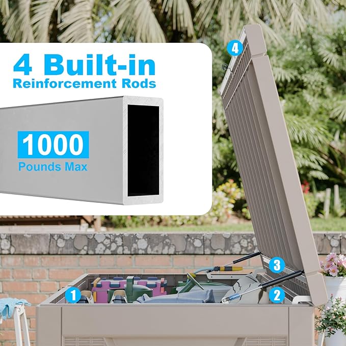 320 Gallon Large Deck Box,Resin Outdoor Storage Box with Lockable for Patio Furniture, Pool Accessories, Garden Tools Waterproof Outside Storage Box, Grey Pattern