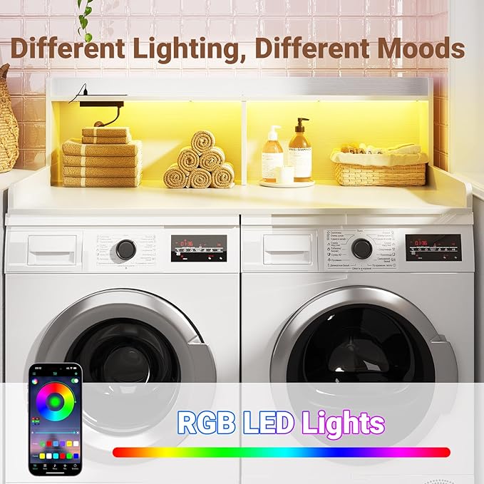 Aheaplus Washer and Dryer Countertop, 2-Tier Laundry Countertop Cover with LED Lights and Power Strip, Large Space Laundry Topper with Shelf for Laundry Room Organization, White
