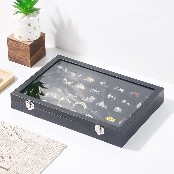 Coward Ring Earring Jewelry Organizer Box, 35 Grids Dustproof Display Holder Case, Black Velvet Jewelry Bead Display Tray Case with Transparent Glass Lid for Momen Girls