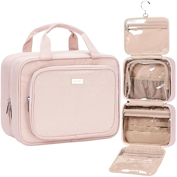 NISHEL Travel Toiletry Bag for Women, Makeup Essentials Organizer, Hanging Case for Accessories, Cosmetics, Medium Size, Pink