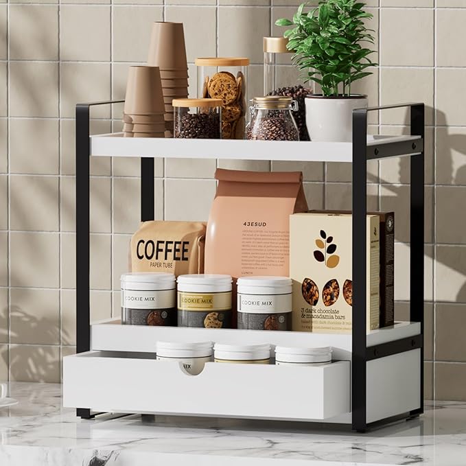 2-Tier Bathroom Organizer Countertop with Drawer, Wood Bathroom Counter Shelf for Storage, Vanity Organizer Countertop for Kitchen, Office