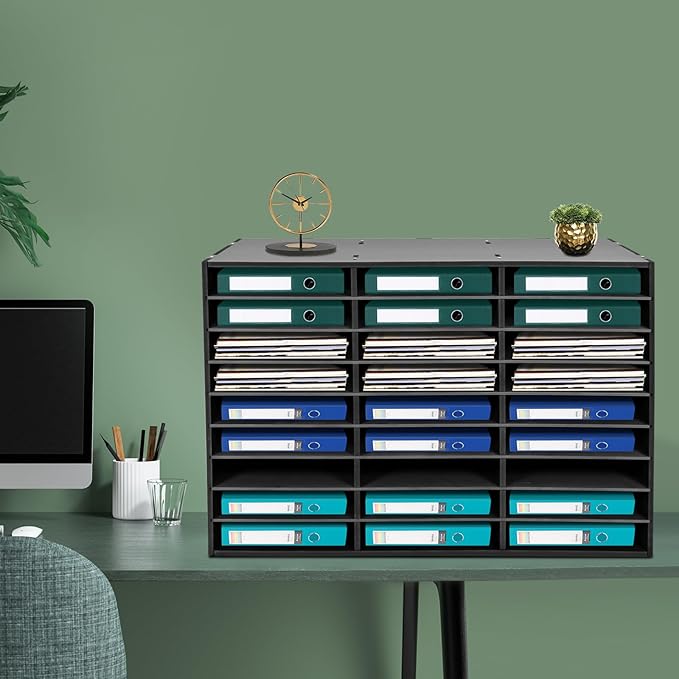 27 Compartments Literature Organizer, Desktop File Sorter Mail Center Paper Storage Cabinet Classroom Mailbox for Files Documents Papers Magazines(White) (Black 27Slots 1)