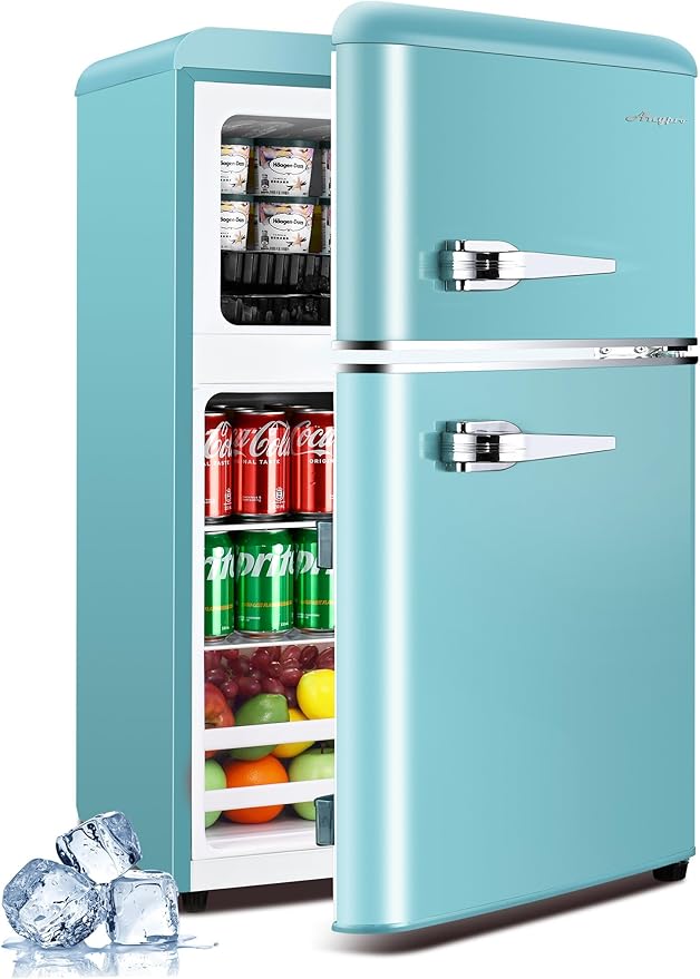 3.2 Cu.Ft Refrigerator, Retro Double Door Fridge with Freezer, 7 Adjustable Temperature Settings, Removable Glass Shelves for Dorm, Office, Bedroom, Apartment, Blue