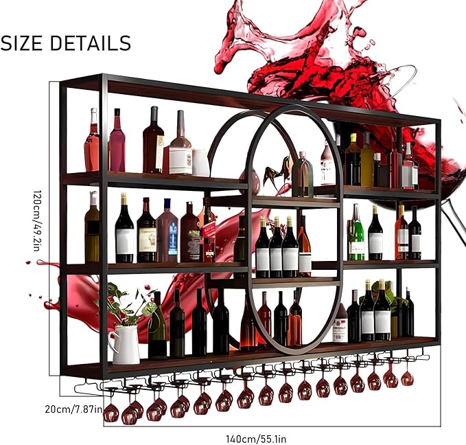 Large Wall Mount Wine Rack, Metal 4 Tier Large Capacity Hanging Bar Rack with Wine Glass Holder, Oval Wine Bottle Storage Display Rack for Kitchen, Living Room, Home (Black, 140cm/55.1in)
