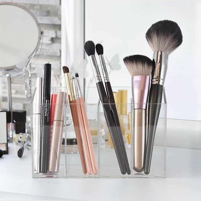 Acrylic Desk Organizer with Removable Dividers 4 Compartments, Clear Pen Holder Makeup Brush Holder