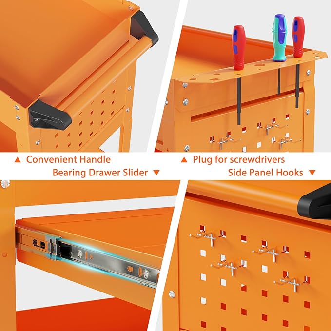3 Tier Rolling Tool Cart with Drawers, Heavy Duty Utility Cart on Wheels, Large Storage Capability Service Cart for Garage, Warehouse and Repair Shop (Orange)