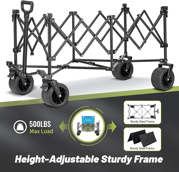 EchoSmile Collapsible Foldable Extended Wagon with 500lbs Weight Capacity, 300L Folding Utility Wagon Cart with Big All-Terrain Wheels for Beach,Sport,Gargen&Grocery,Green