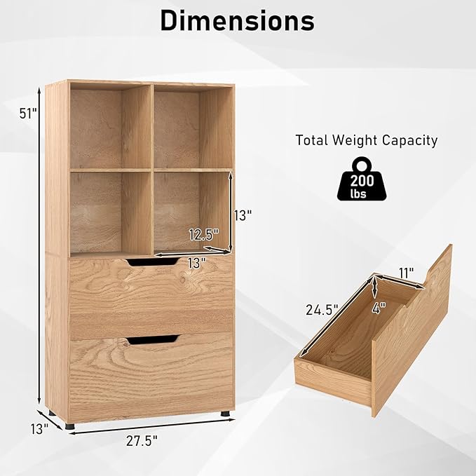 Giantex Bookshelf with 4 Cubes & 2 Drawers, 51” Tall Floor Bookcase with Anti-tip Kits, Freestanding Display Rack Storage Organizer for Study, Living Room, Home Office (1, Natural)