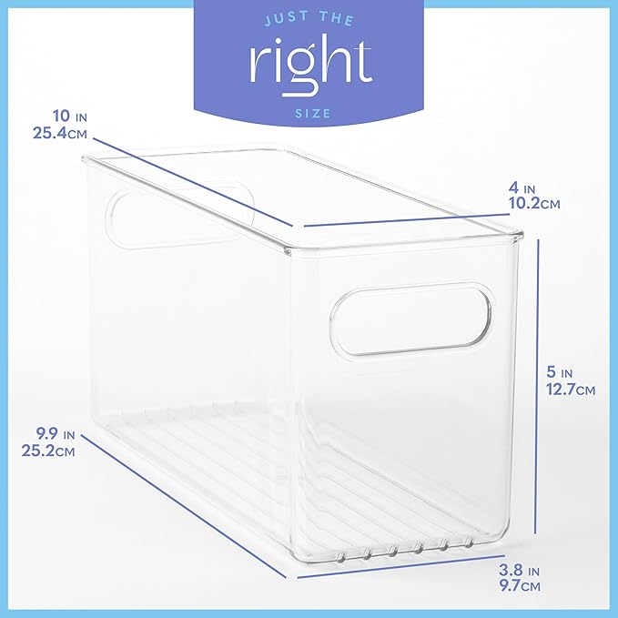 primebox Plastic Food Storage 2 Pack Clear Container Bin with Handles for Organizing Kitchen, Pantry, Refrigerator, Freezer, Pantry, Cabinet, Closet, Bathroom. 10”x4”x5”