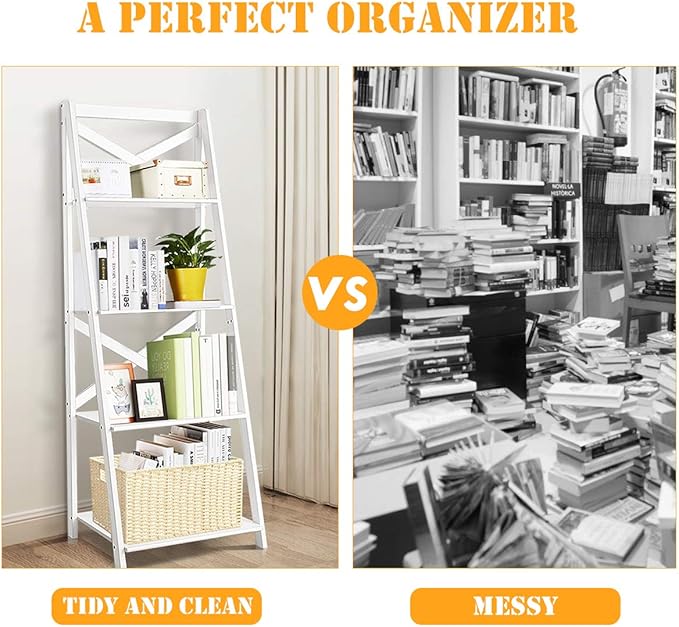 Tangkula 4-Tier Ladder Shelf Bookcase Leaning Free Standing Wooden Frame Decor Bookshelf Storage Flower Shelf Plant Display Shelf for Home Office (White, 1)