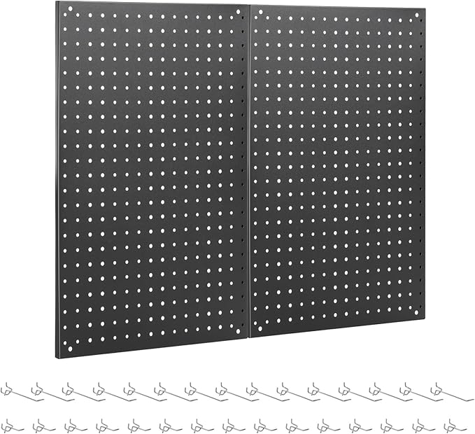 Pegboard, 2 PCS 24"×16" Metal Peg Board Panels Black Modular Wall Organizer Kit with 30 Hooks, Dual-Size Hole Design for Home Tool Storage, Garage Organization, Kitchen, Office, Craft Room