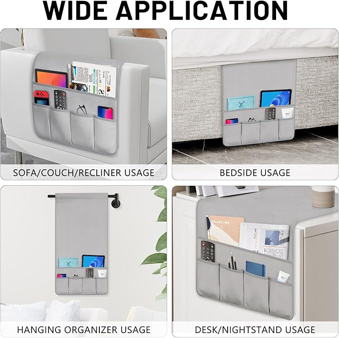 Remote Control Holder for Armchair，Couch Caddy Organizer TV Remote Holder for Bed Storage 5 Pockets，Remote Caddy Bedside Organizer Bedside Table Organizer (LightGray, 35''x18'')