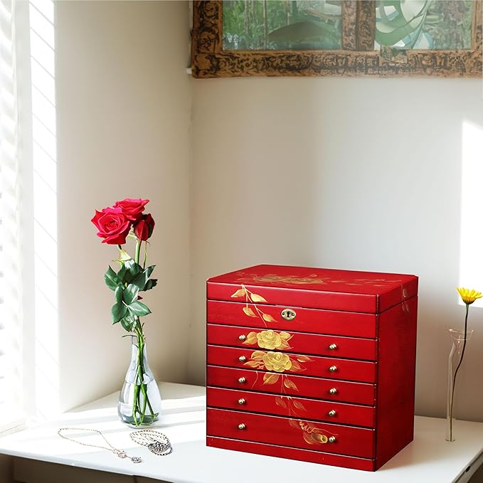 Hand-drawn rose wood jewelry box 6-Layer Jewelry Organizer for women,Large capacity jewelry storage box with lock in red color,store glasses,watches,necklaces,rings,earrings