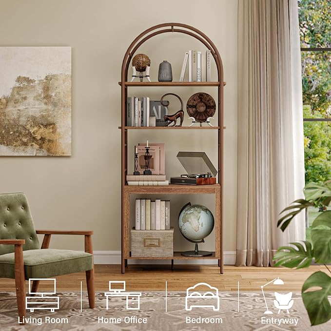 BREEZEHEAT 4-Tier Arched Bookshelf, 72" Tall Bookcase with Storage Shelves, Floor Standing Open Display Storage Shelf with Metal Frame, Large Organizer for Living Room, Home Office, Bedroom, Walnut