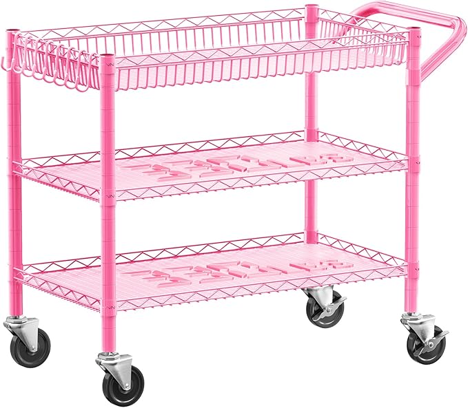 YNN Pink Rolling Cart, 990Lbs 3 Tier Heavy Duty Metal Cart with Wheels & Handle NSF Wheeled Cart 31" D x 18" W x 33" H for Bedroom, Bathroom, Kitchen,Garden,Decor,Serving