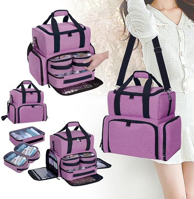 Large Makeup Cosmetic Bag with 3 Removable Case and 2 Removable Dividers Double Layer Travel Storage Organizer, Makeup Brushes Storage Section Purple