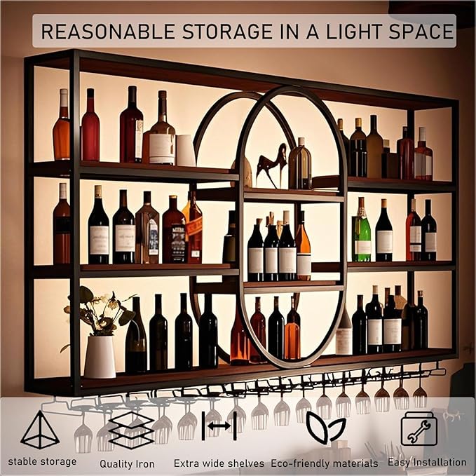 Large Wall Mount Wine Rack, Metal 4 Tier Large Capacity Hanging Bar Rack with Wine Glass Holder, Oval Wine Bottle Storage Display Rack for Kitchen, Living Room, Home (Black, 160cm/63in)