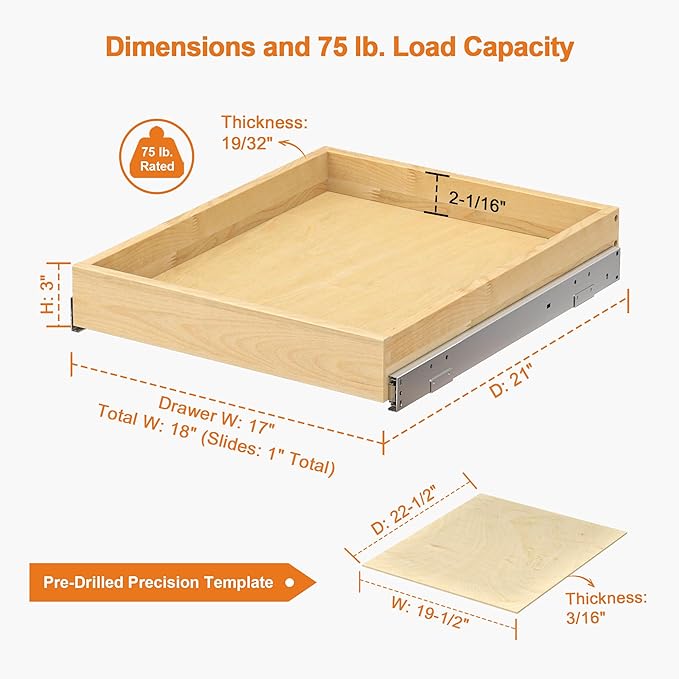 ALINE FURNITURE Pull Out Drawers for Cabinets Birch Wood, 18" W X 21" D Soft Close Slide Out Shelves for Kitchen Cabinets, Pullout Drawer for Pantry Cabinet Organizer