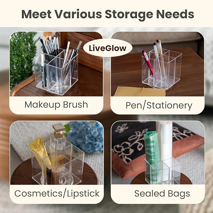Clear Makeup Brush Holder,Acrylic Rotating 360°Makeup Brush Organizer,Pen holder with 4 Grids,Makeup Holder for Courtup,Containers for Desk,2pc