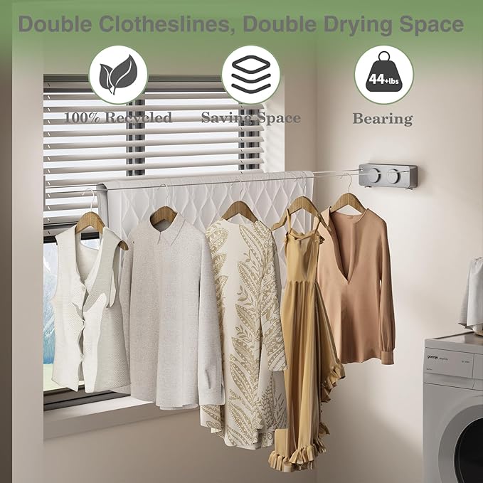 Danpoo Retractable Clothesline, Anti-Sag Adjustable Knob Heavy-Duty Clothes Line for Indoors/Outdoors with 2 * 13.8ft Stainless Steel Wire, Laundry Wall Drying Solutions, Gray