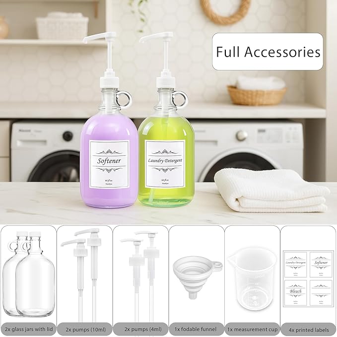 2 Pack Laundry Detergent Dispenser with Pump and Lid, 64 Oz Glass Bottles for Laundry Room Organization and Storage, Fabric Softener Dispenser for Washer