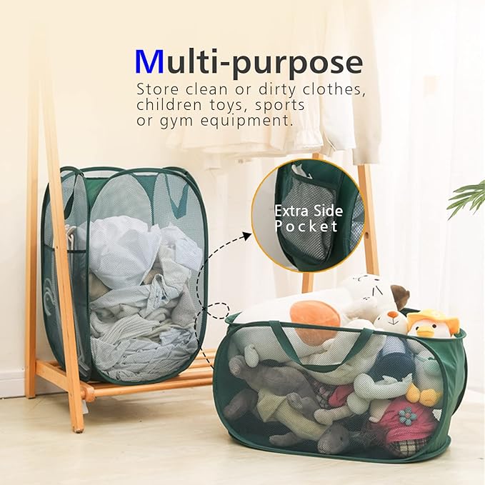 HONOMA Sturdy Mesh Laundry Hamper Basket Bag,Pop up Basket with Side Pocket for Laundry Room, Bathroom, Kids Room, College Dorm or Travel (Pop Vertical, Emerald)