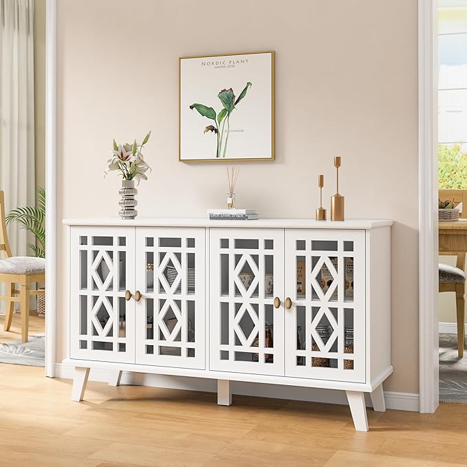 Scurrty 52" Buffet Cabinet with Storage,Sideboard with 4 Doors, Skeletonized Coffee Bar with Storage, Sideboard Cabinet for Dinning Room, Kitchen & Living Room (White)