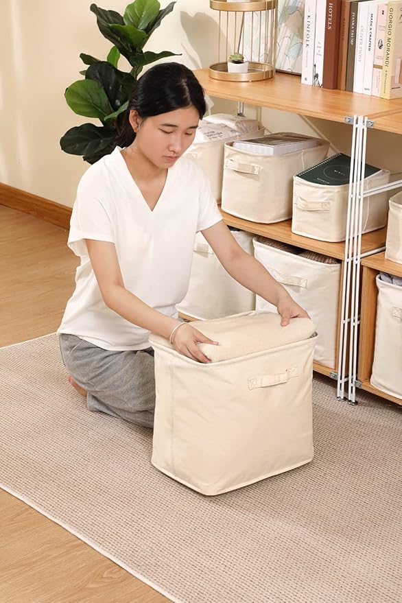 Decorative Basket Rectangular Fabric Storage Bin Organizer Basket with Handles for Clothes Storage (14.5 x 10.2 x 13.3, Beige)