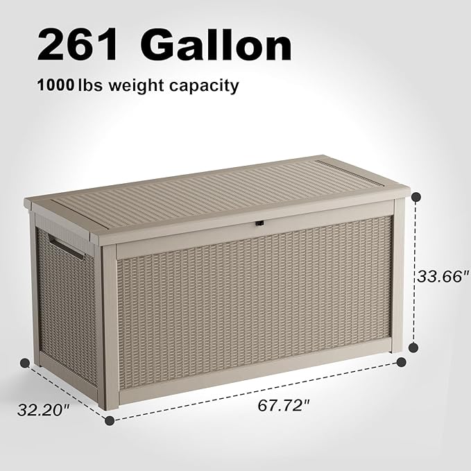 261 Gallon Outdoor Storage Box - Waterproof Patio Furniture, Garden Tools, Cushions, Pool Accessories Outside Storage Resin Box,Grey